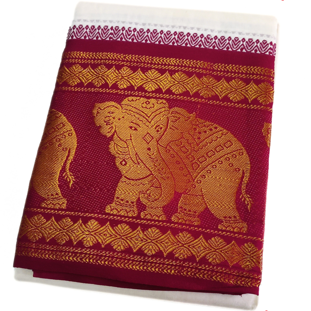 Elephant Design 10 Inch Border Off White Dhoti Set