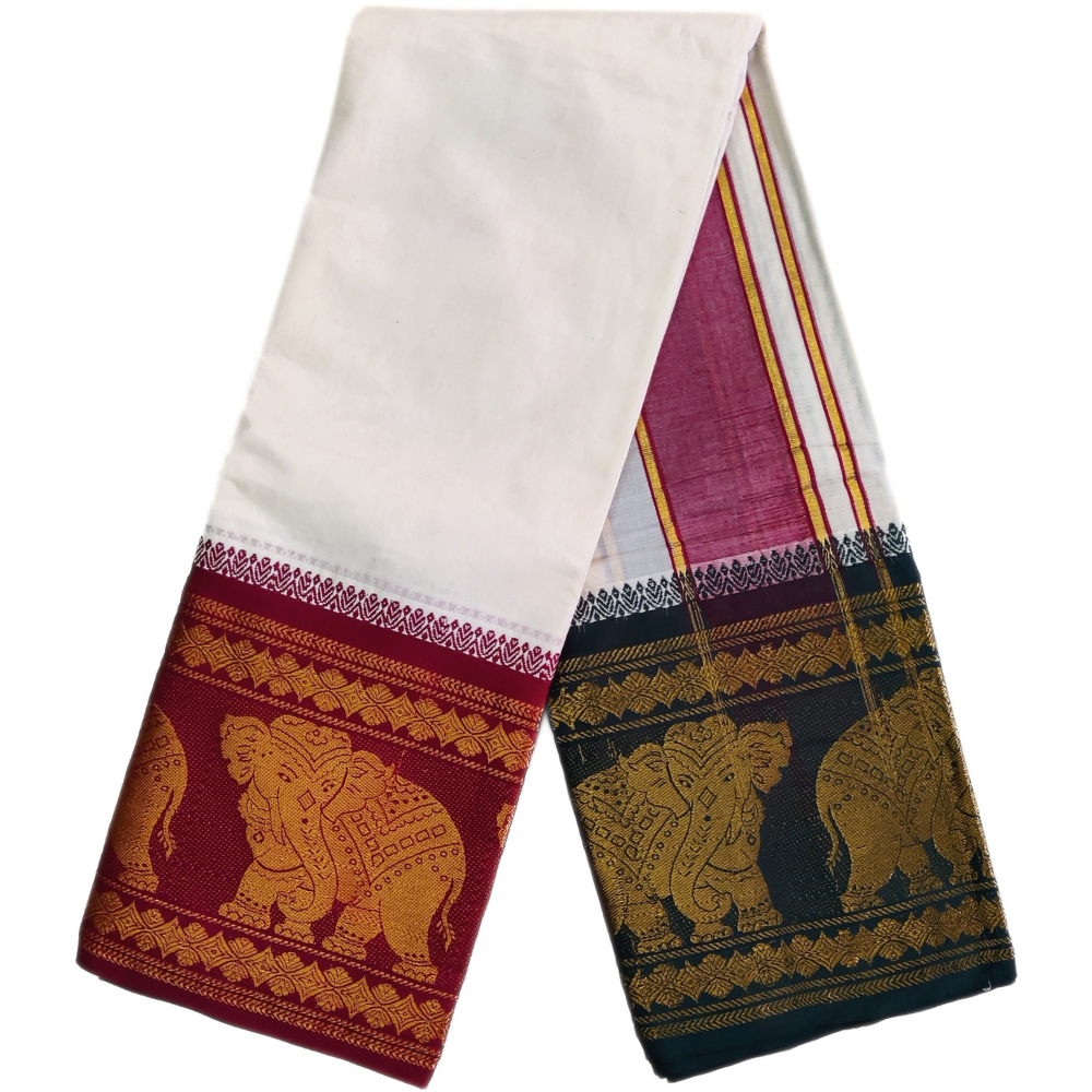 Elephant Design 10 Inch Border Off White Dhoti Set