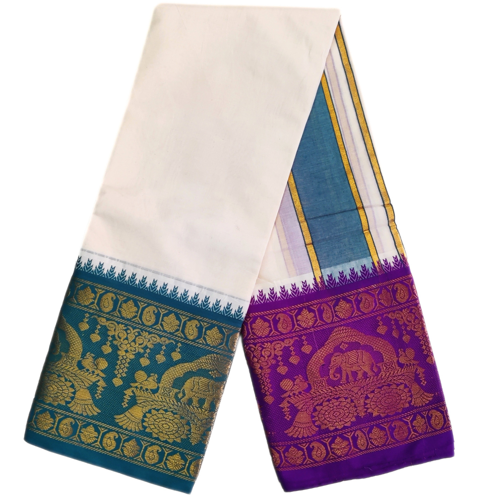 Elephant Design 10 Inch Border Off White Dhoti Set