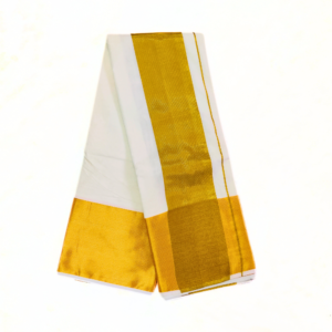 Cotton Half White 7 Inch Golden Zari Border Dhoti Towel Set