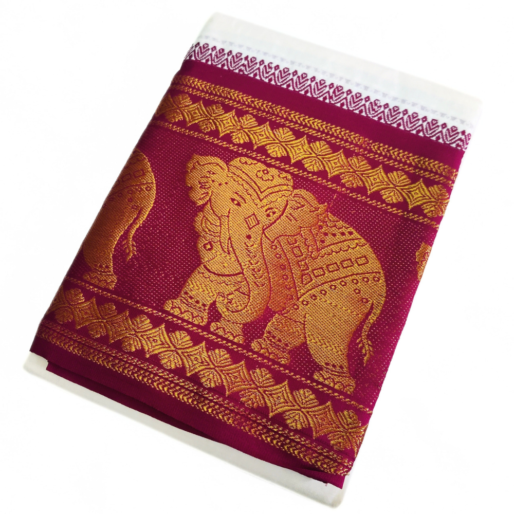 Elephant Design 10 Inch Border Off White Dhoti Set