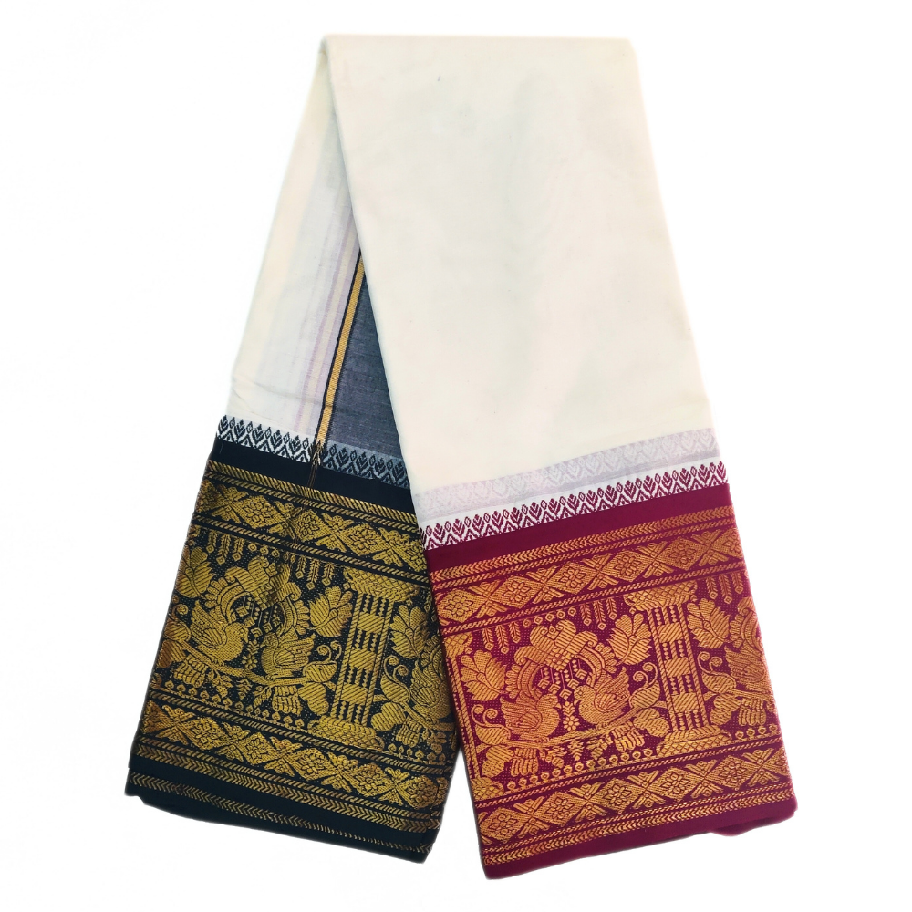 Peacock Designed 10 Inch Border Off White Dhoti Set