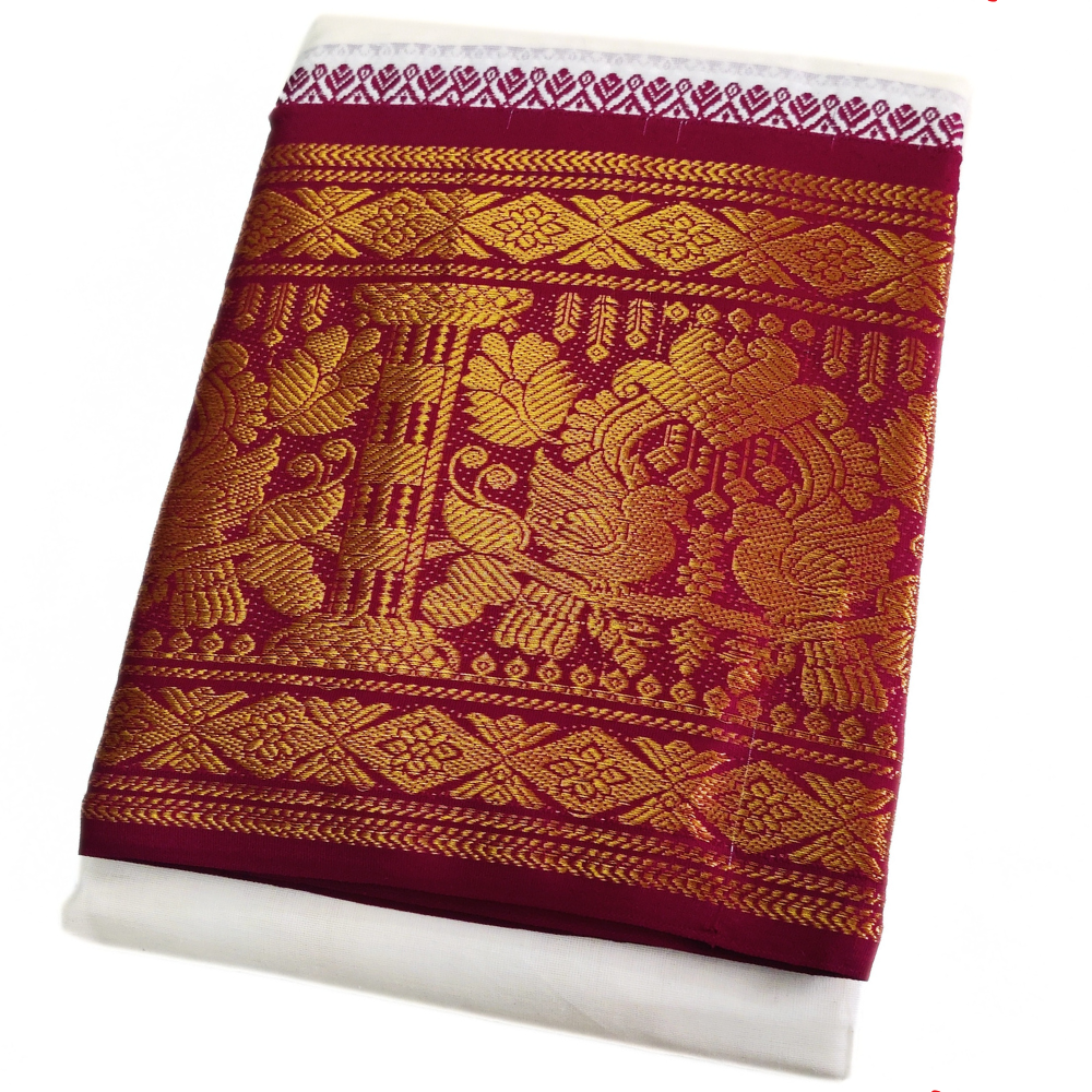 Peacock Designed 10 Inch Border Off White Dhoti Set