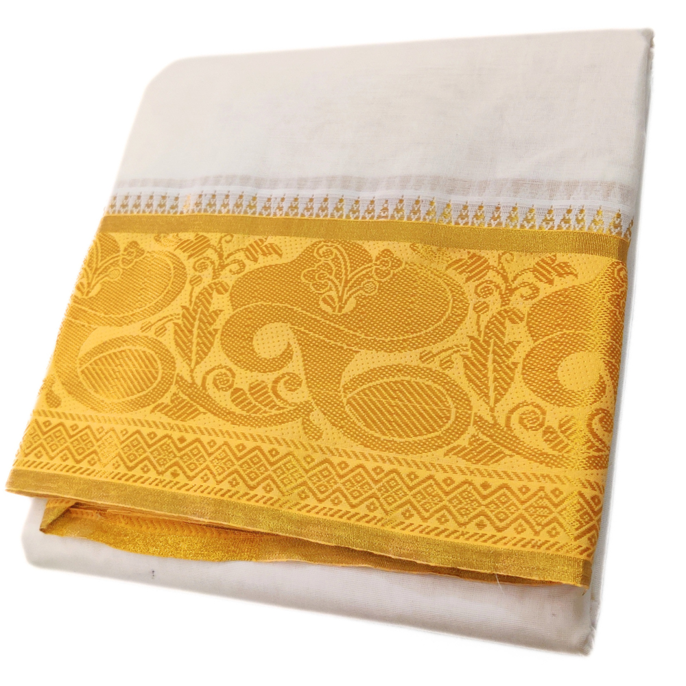 Flower Design Gold Tissue 7″ Jacquard Off White Dhoti