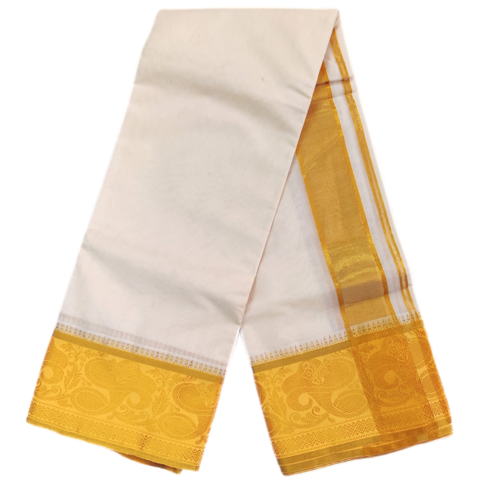 Flower Design Gold Tissue 7″ Jacquard Off White Dhoti