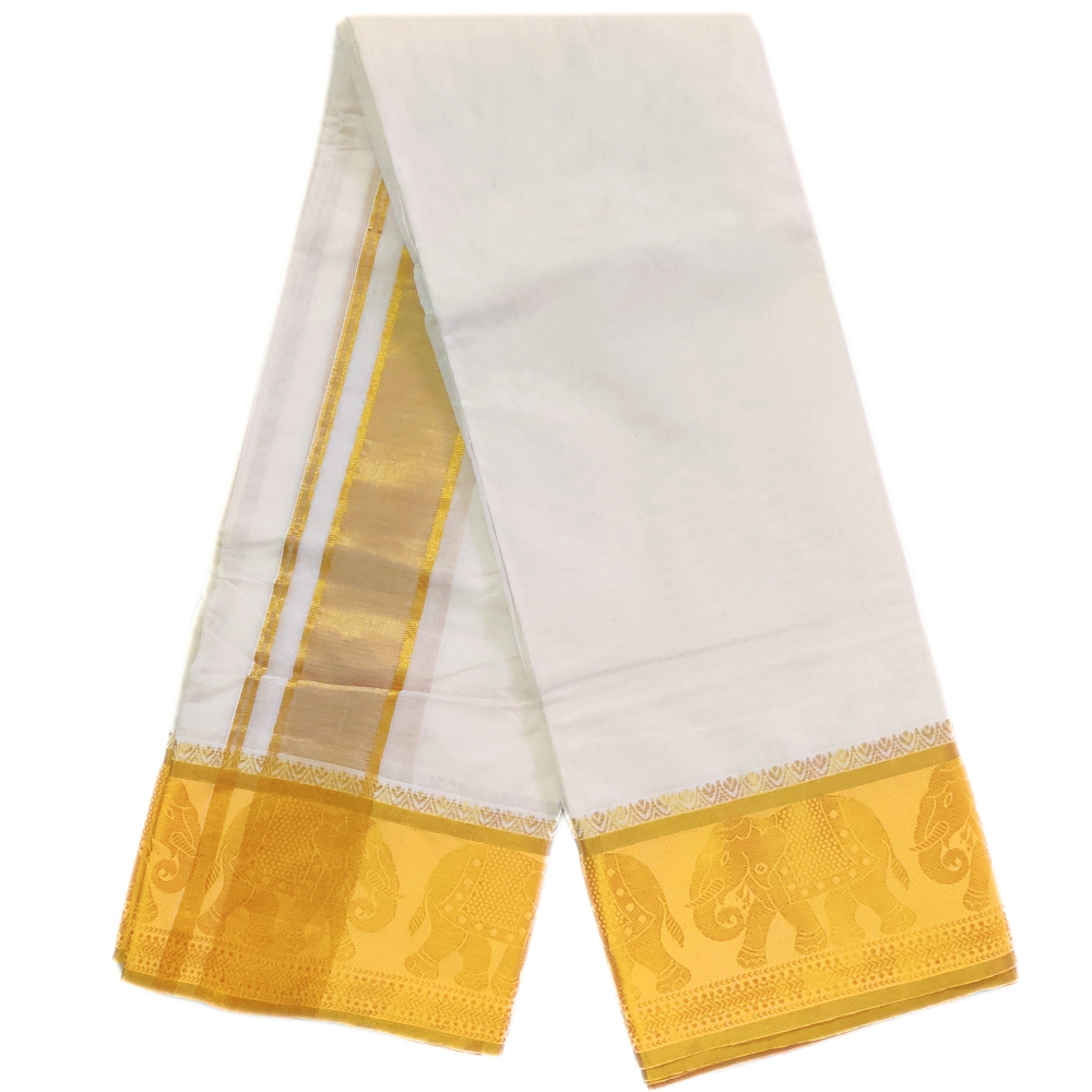 Elephant Design Gold Tissue 7″ Jacquard Off White Dhoti