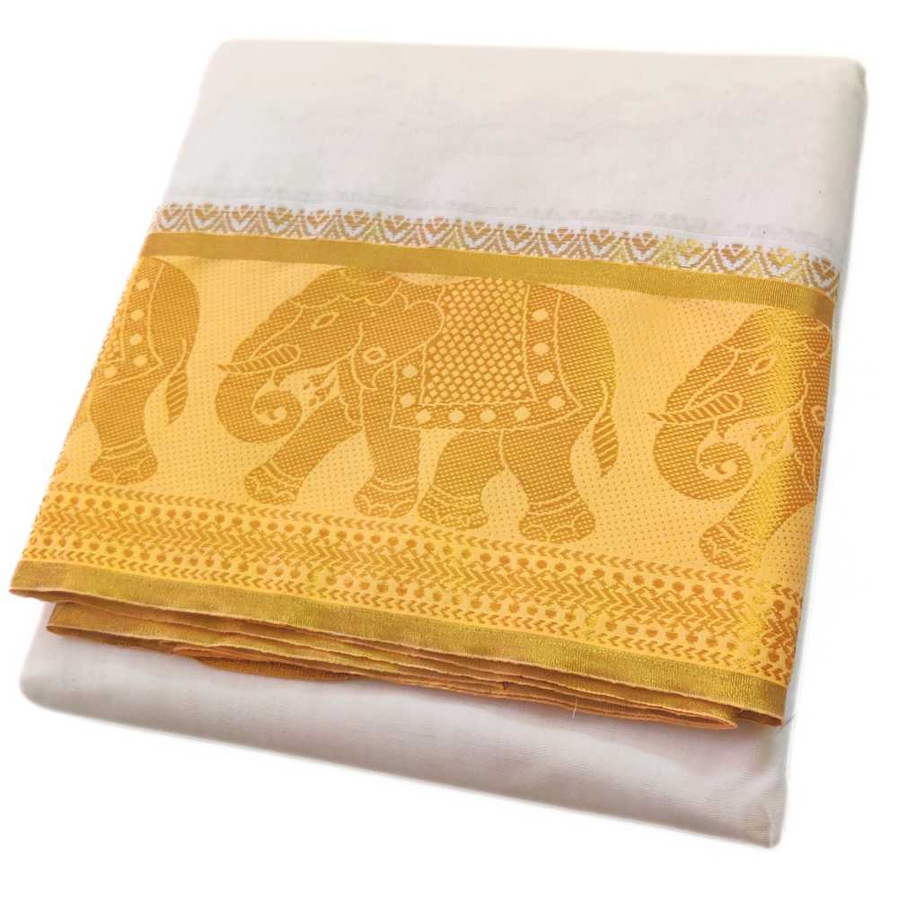 Elephant Design Gold Tissue 7″ Jacquard Off White Dhoti