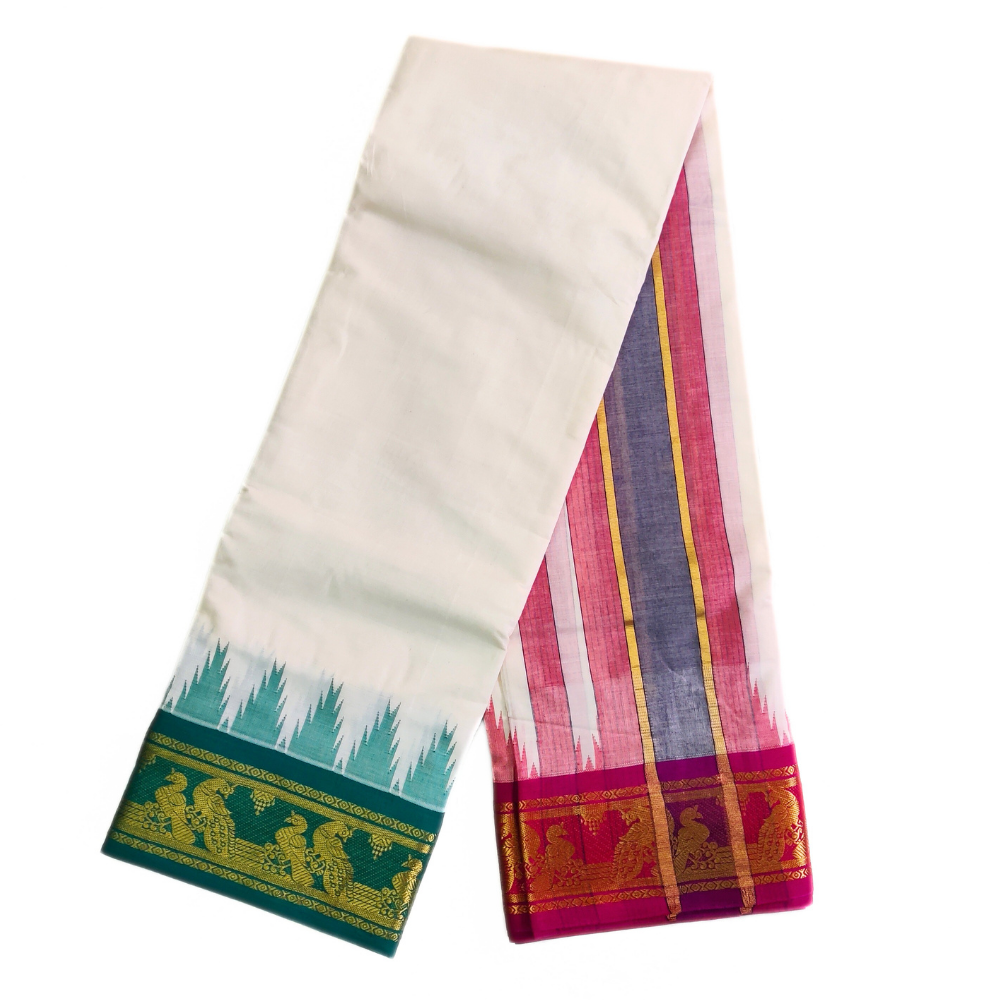 Double Peacock Designed Temple Border Handloom Dhoti