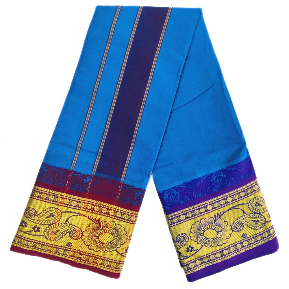 Blue Colour Pure Cotton Dhoti With Angavastram Set