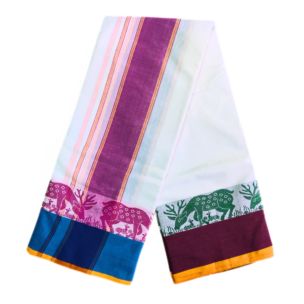 Deer Design Border Pure Cotton Dhoti With Angavastram Set