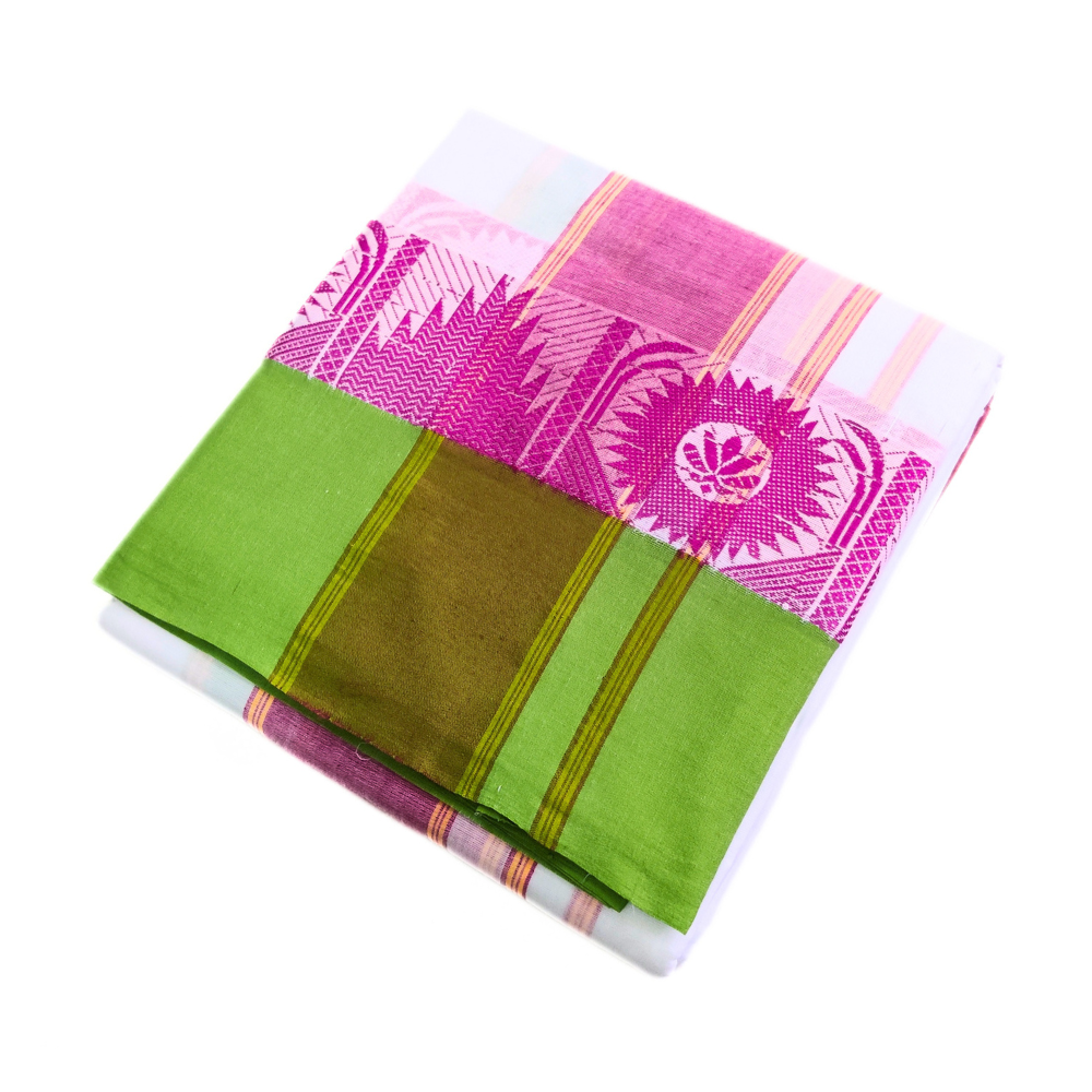 Flower Design Border Pure Cotton Dhoti With Angavastram Set