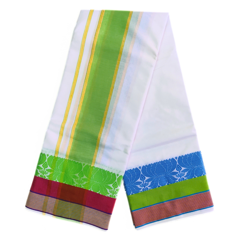 Fancy Lotus Border Pure Cotton Dhoti With Angavastram Set