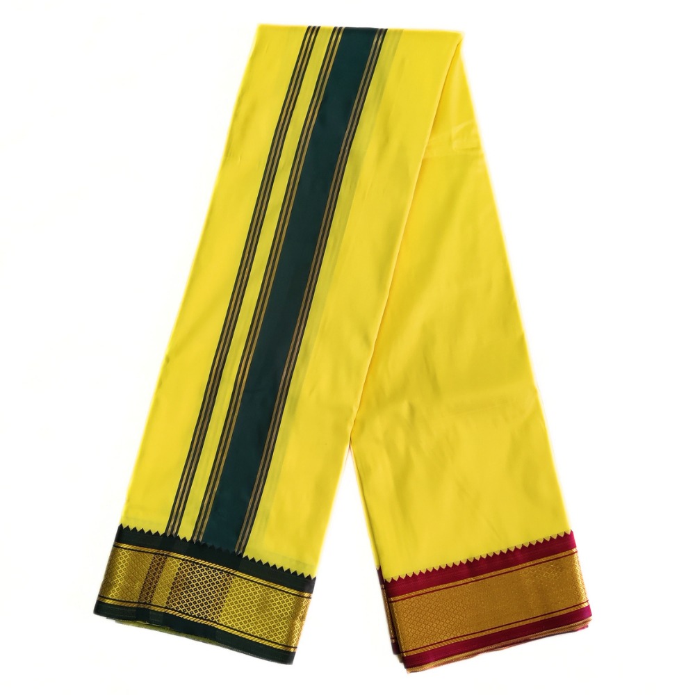 Lemon Yellow Color Mayilkan Border Silk Dhoti