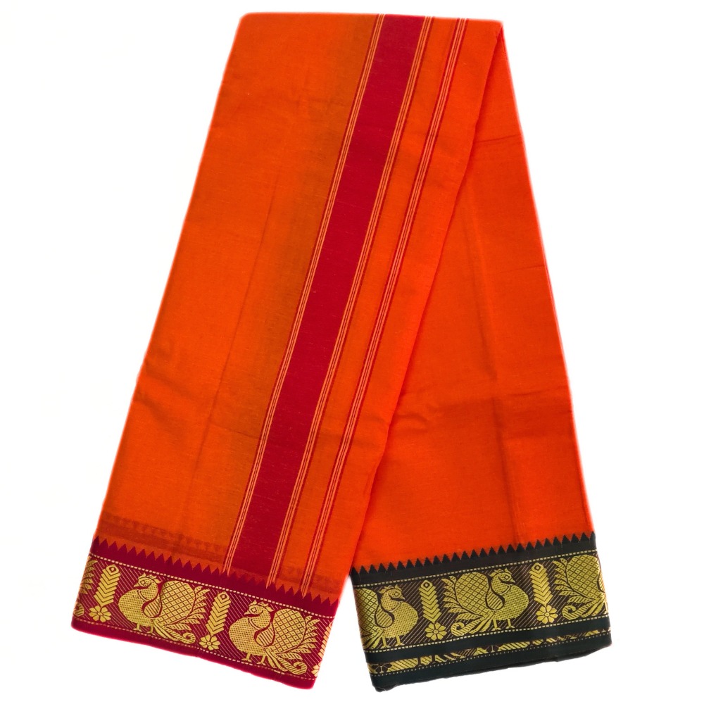 Orange Color Pure Cotton Dhoti Towel Set