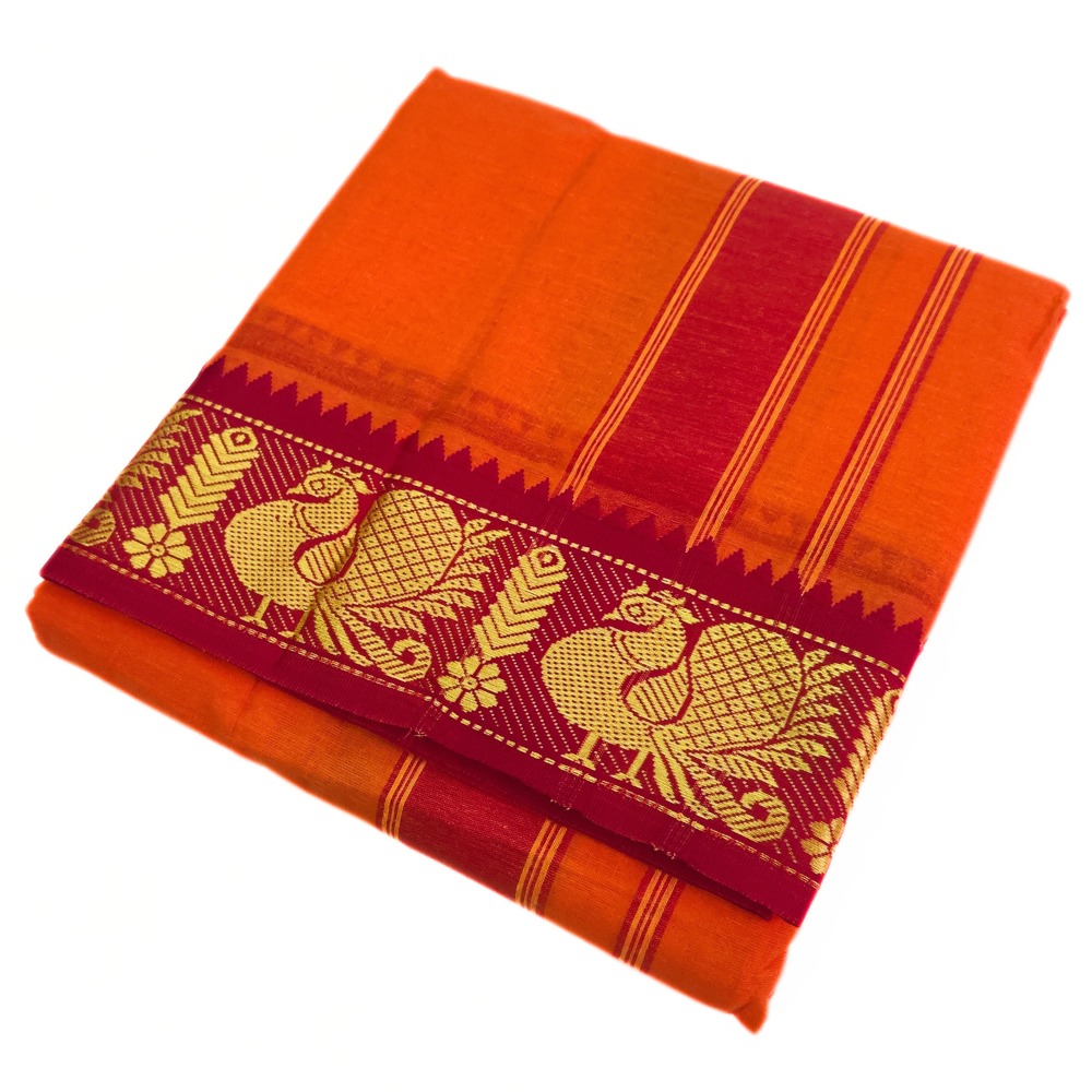 Orange Color Pure Cotton Dhoti Towel Set