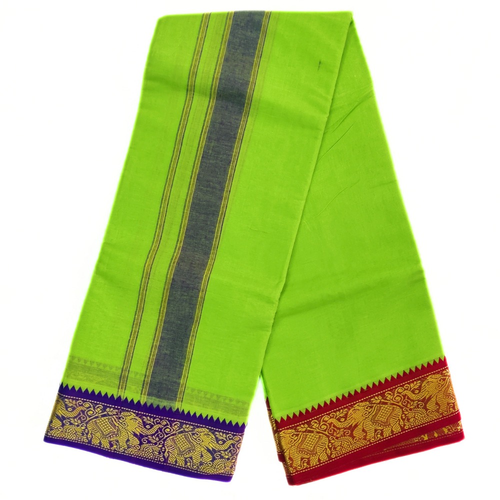 Parrot Green Color Pure Cotton Dhoti Towel Set