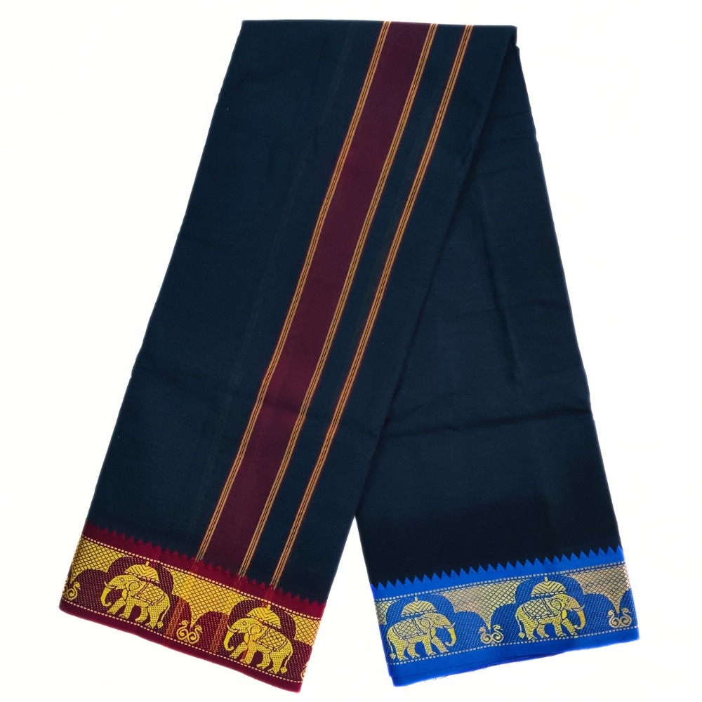 Navy Blue Color Pure Cotton Dhoti Towel Set