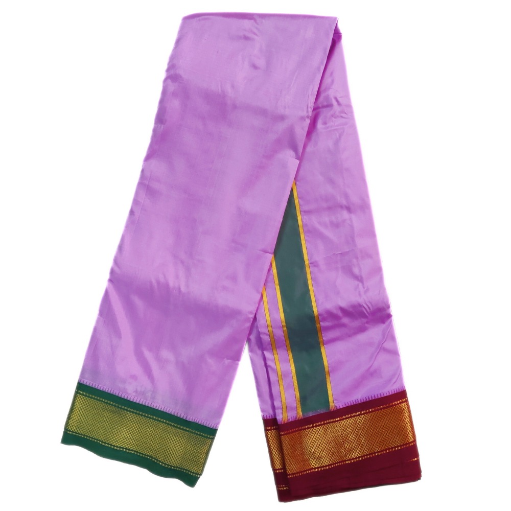 Lavender Color Mayilkan Border Pure Silk Dhoti Towel Set