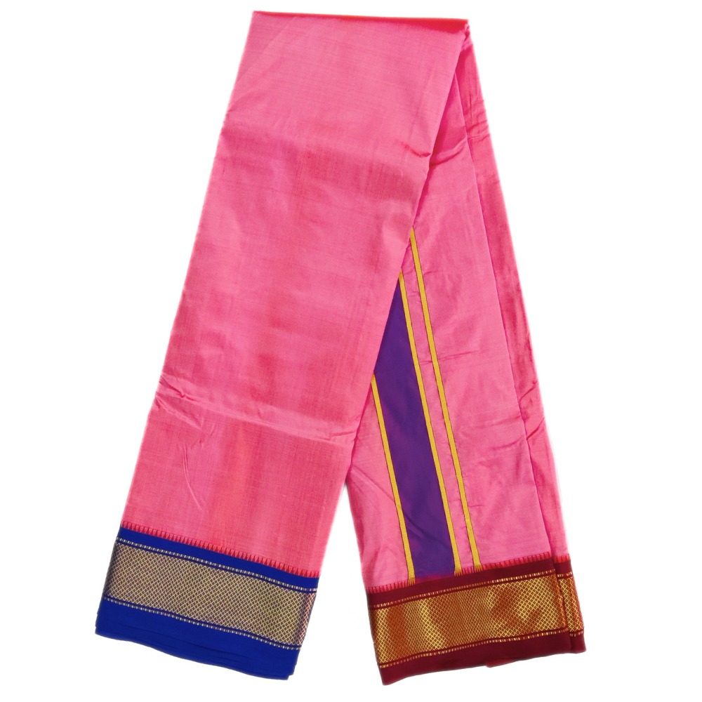 Rose Color Mayilkan Border Pure Silk Dhoti Towel Set