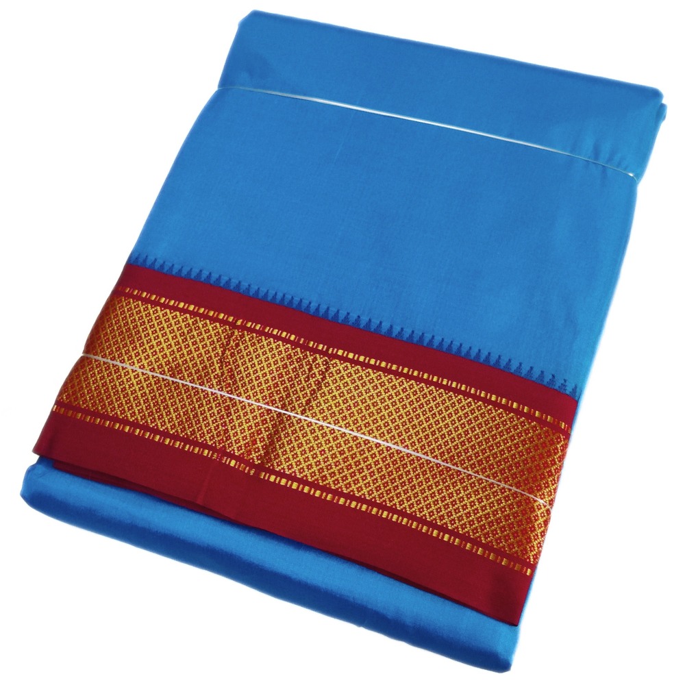 Blue Color Mayilkan Border Pure Silk Dhoti Towel Set