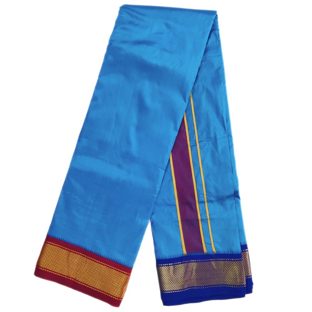 Blue Color Mayilkan Border Pure Silk Dhoti Towel Set