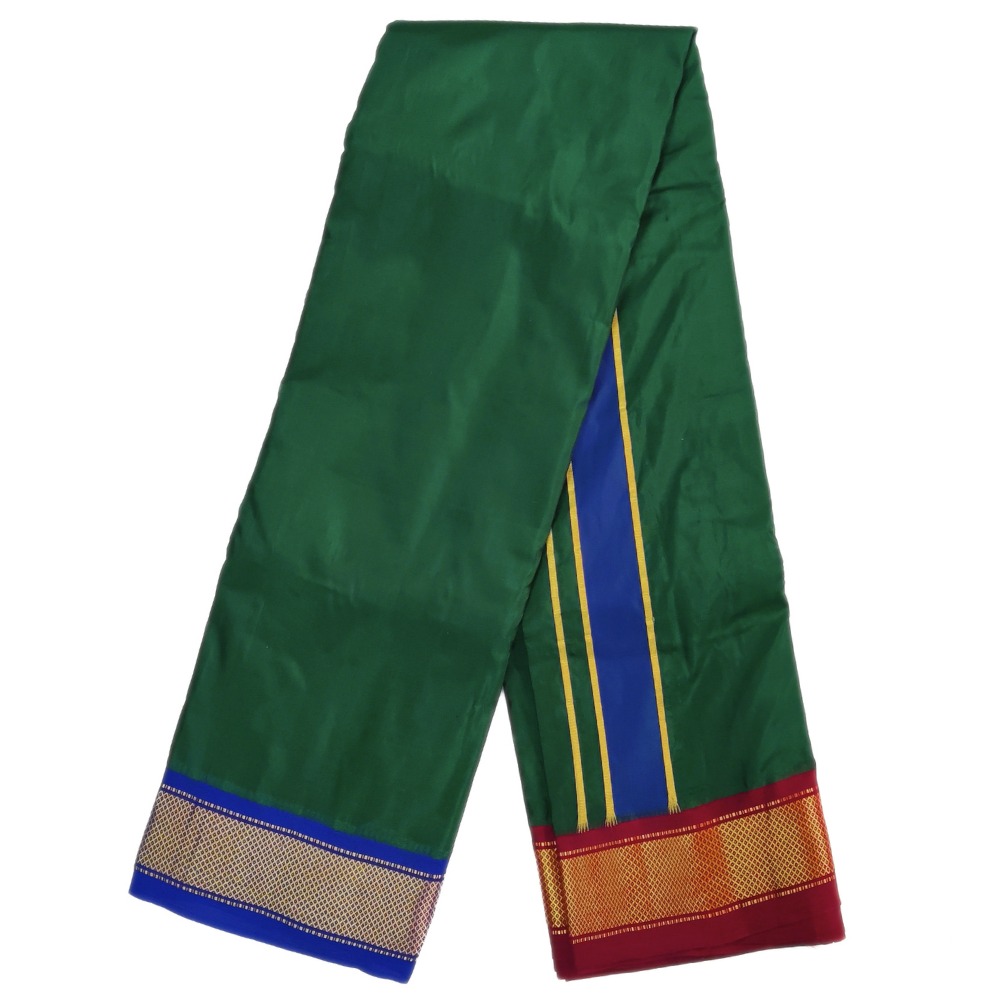 Dark Green Color Mayilkan Border Pure Silk Dhoti Towel Set