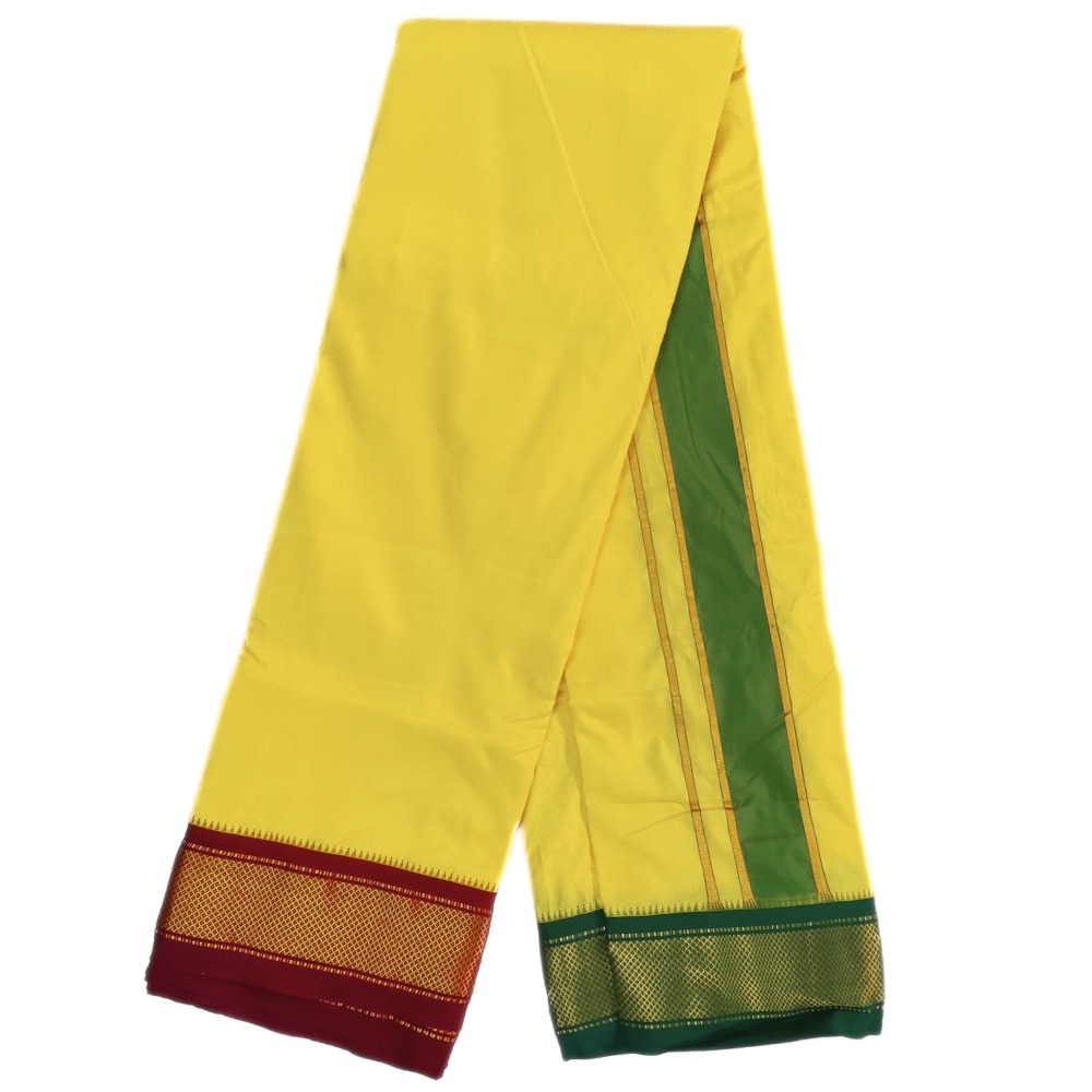 Lemon Yellow Color Mayilkan Border Pure Silk Dhoti Towel Set