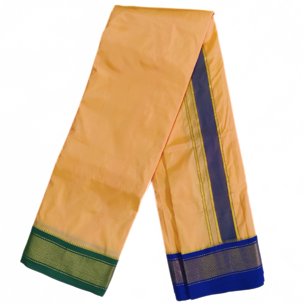 Light Mango Yellow Color Mayilkan Border Pure Silk Dhoti Towel Set