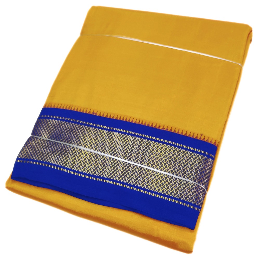 Mustard Color Mayilkan Border Pure Silk Dhoti Towel Set