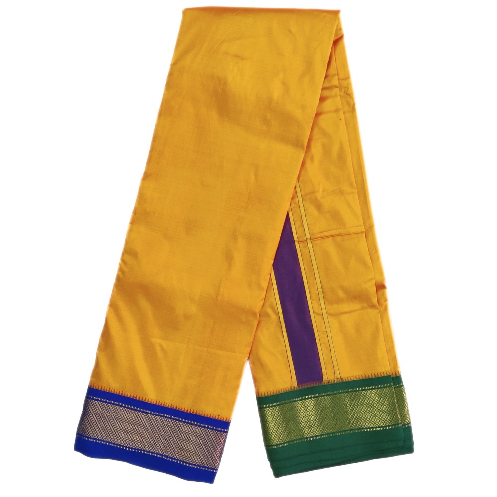 Mustard Color Mayilkan Border Pure Silk Dhoti Towel Set