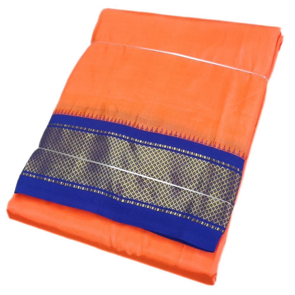 Orange Color Mayilkan Border Pure Silk Dhoti Towel Set