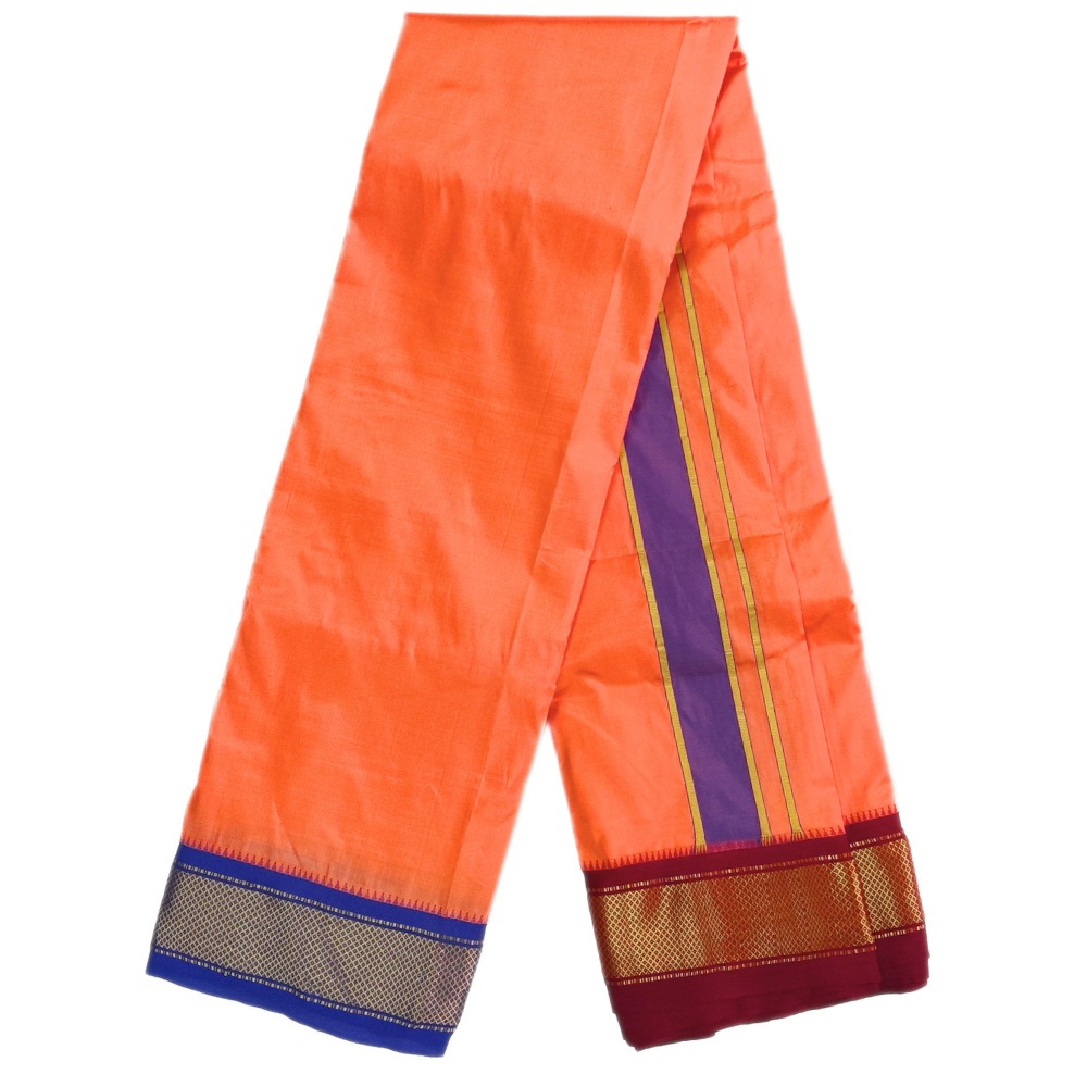 Orange Color Mayilkan Border Pure Silk Dhoti Towel Set