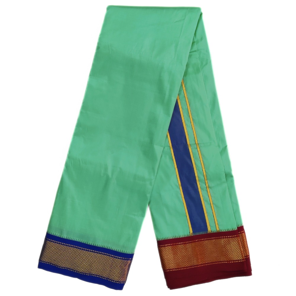 Sea Green Color Mayilkan Border Pure Silk Dhoti Towel Set